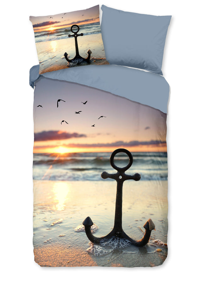 Cheqo® Dekbedovertrek 140x200/220 cm - Strand en Zee Print met Anker - Multi - 1 Persoons - 100% Katoen - Oeko-Tex Gecertificeerd