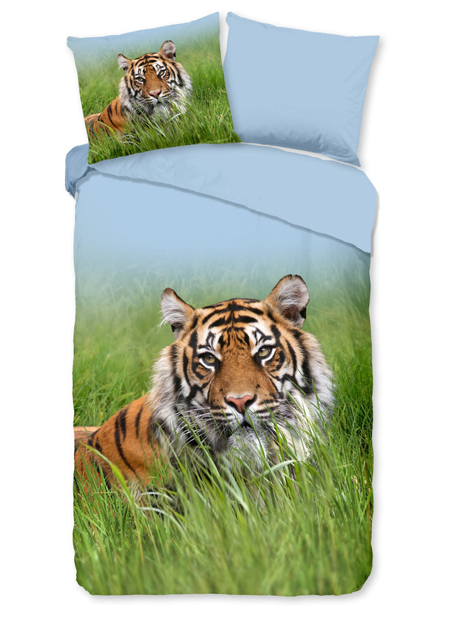 Cheqo® Dekbedovertrek 140x200/220 cm - Tijger Print - Groen/Blauw - 1 Persoons - 100% Katoen - Oeko-Tex Gecertificeerd