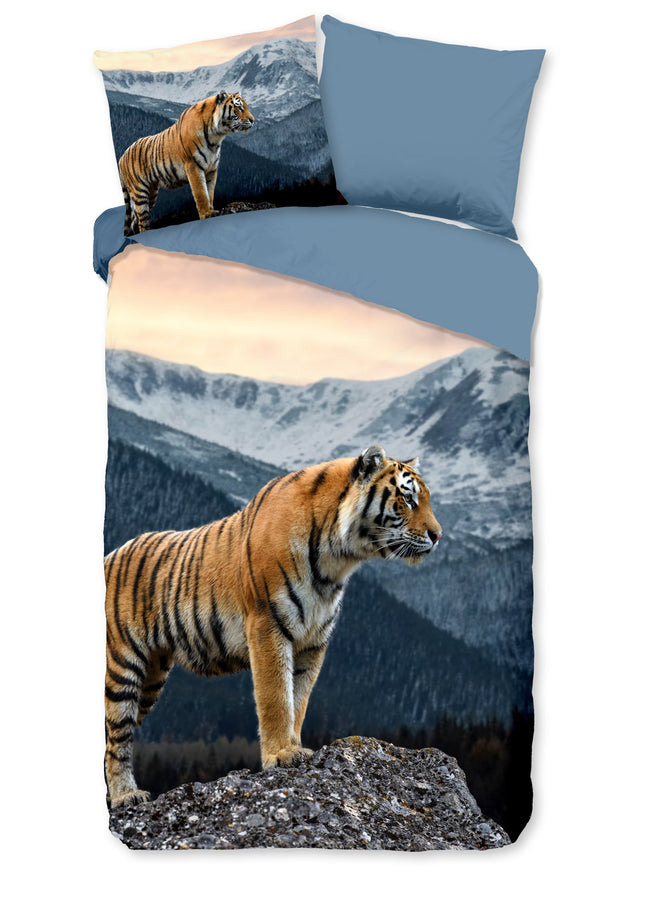 Cheqo® Dekbedovertrek 140x200/220 cm - Tijger in de Bergen Print - Blauw/Grijs - 1 Persoons - Microfiber - Oeko-Tex Gecertificeerd