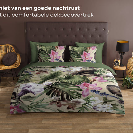Cheqo® Dekbedovertrek 140x200/220 cm - Tropische Bladeren en Bloemen Print - Groen - 1 Persoons - 100% Katoen - Oeko-Tex Gecertificeerd