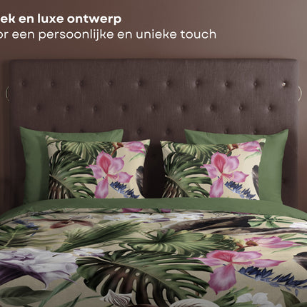 Cheqo® Dekbedovertrek 140x200/220 cm - Tropische Bladeren en Bloemen Print - Groen - 1 Persoons - 100% Katoen - Oeko-Tex Gecertificeerd