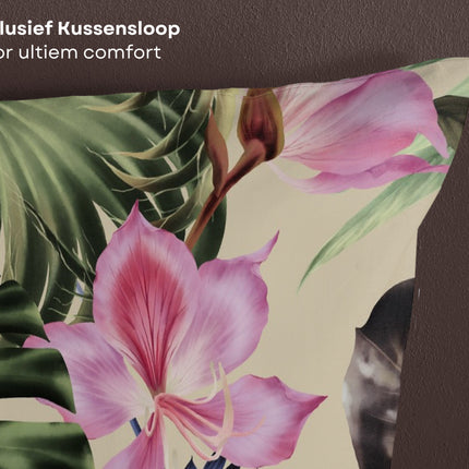 Cheqo® Dekbedovertrek 140x200/220 cm - Tropische Bladeren en Bloemen Print - Groen - 1 Persoons - 100% Katoen - Oeko-Tex Gecertificeerd