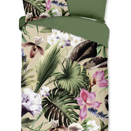 Cheqo® Dekbedovertrek 140x200/220 cm - Tropische Bladeren en Bloemen Print - Groen - 1 Persoons - 100% Katoen - Oeko-Tex Gecertificeerd