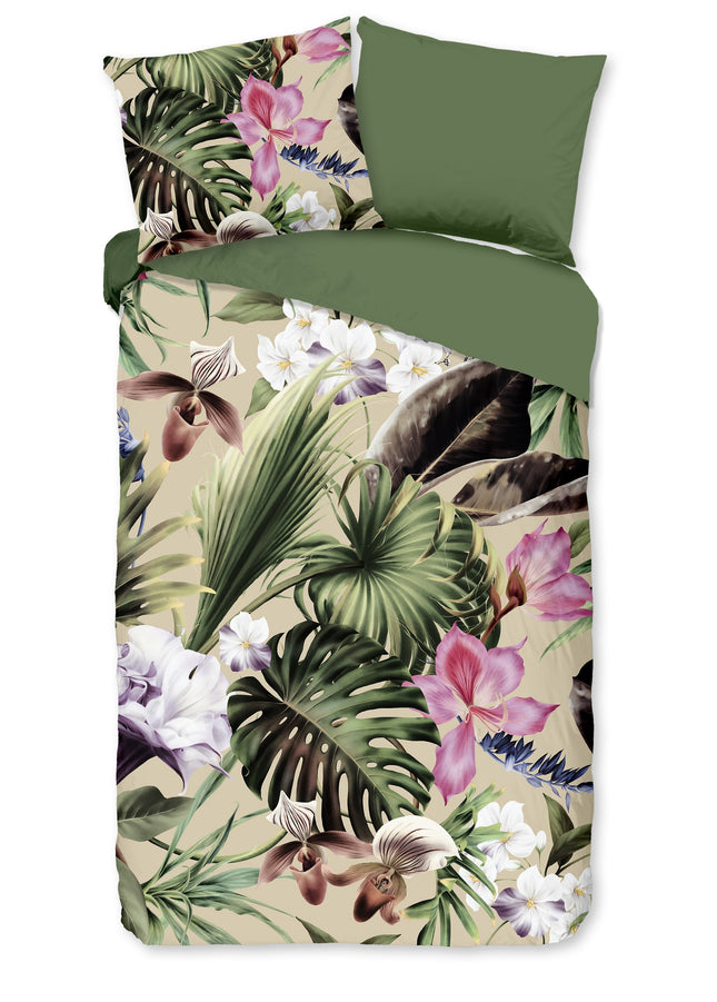 Cheqo® Dekbedovertrek 140x200/220 cm - Tropische Bladeren en Bloemen Print - Groen - 1 Persoons - 100% Katoen - Oeko-Tex Gecertificeerd