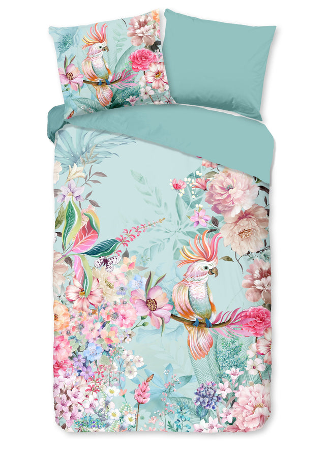 Cheqo® Dekbedovertrek 140x200/220 cm - Tropische Bloemen en Papegaai Print - Aqua - 1 Persoons - 100% Katoen - Oeko-Tex Gecertificeerd