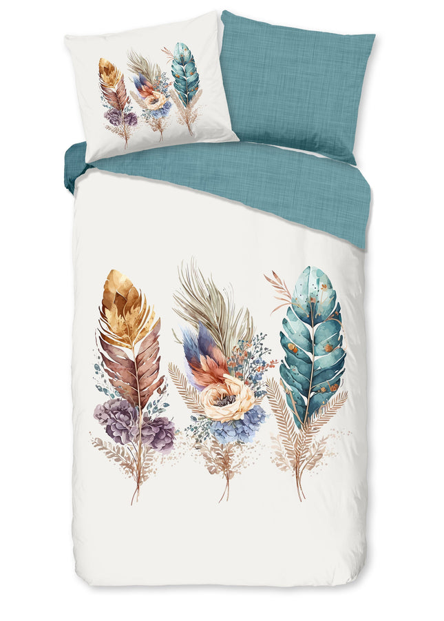 Cheqo® Dekbedovertrek 140x200/220 cm - Veer en Bloemen Print - Multi - 1 Persoons - 100% Katoen - Oeko-Tex Gecertificeerd