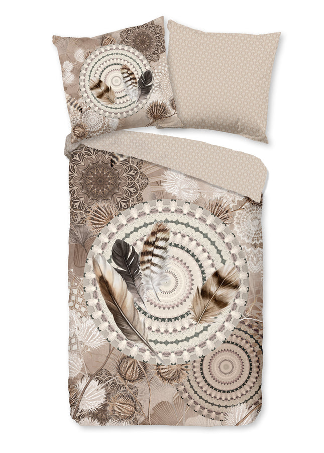 Cheqo® Dekbedovertrek 140x200/220 cm - Veer en Mandala Print - Taupe - 1 Persoons - 100% Katoen-Flanel