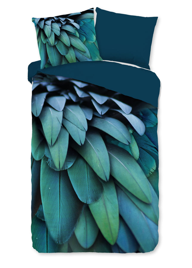Cheqo® Dekbedovertrek 140x200/220 cm - Veren Print - Petrol - 1 Persoons - Microfiber - Oeko-Tex Gecertificeerd