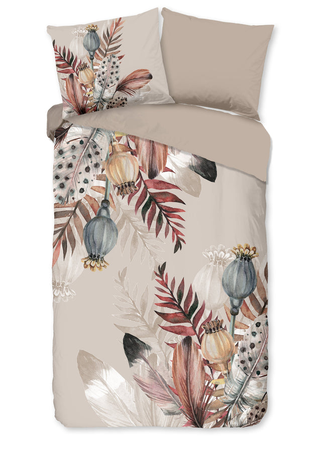 Cheqo® Dekbedovertrek 140x200/220 cm - Veren en Bladeren Print - Taupe - 1 Persoons - Microfiber