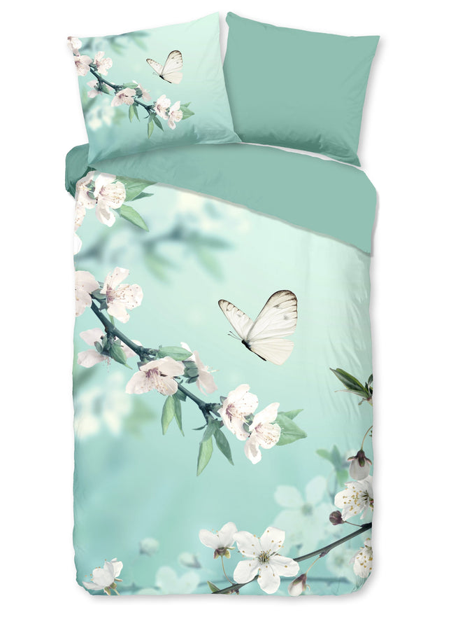 Cheqo® Dekbedovertrek 140x200/220 cm - Vlinder en Bloemen Print - Groen - 1 Persoons - Microfiber