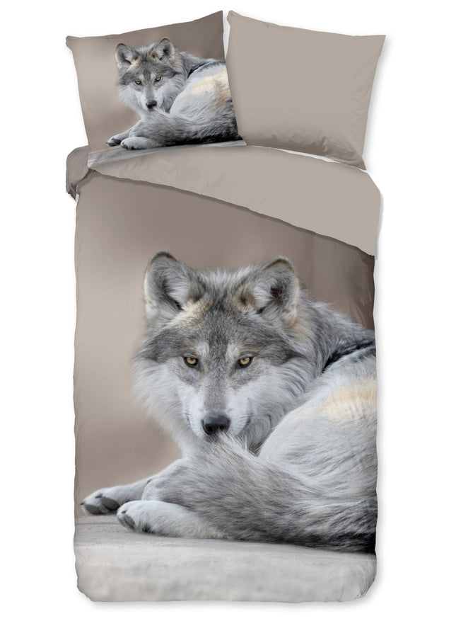 Cheqo® Dekbedovertrek 140x200/220 cm - Wolf Print - Taupe - 1 Persoons - Microfiber - Oeko-Tex Gecertificeerd
