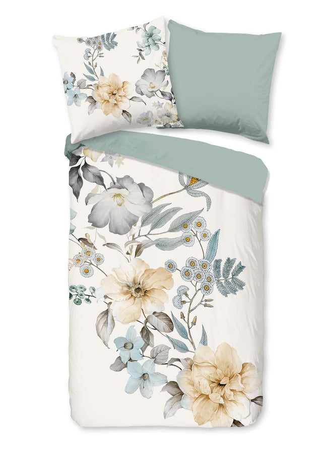 Cheqo® Dekbedovertrek 155x220 cm - Bloemen Print - Wit/Beige/Blauw - 1 Persoons - 100% Katoen - Oeko-Tex Gecertificeerd