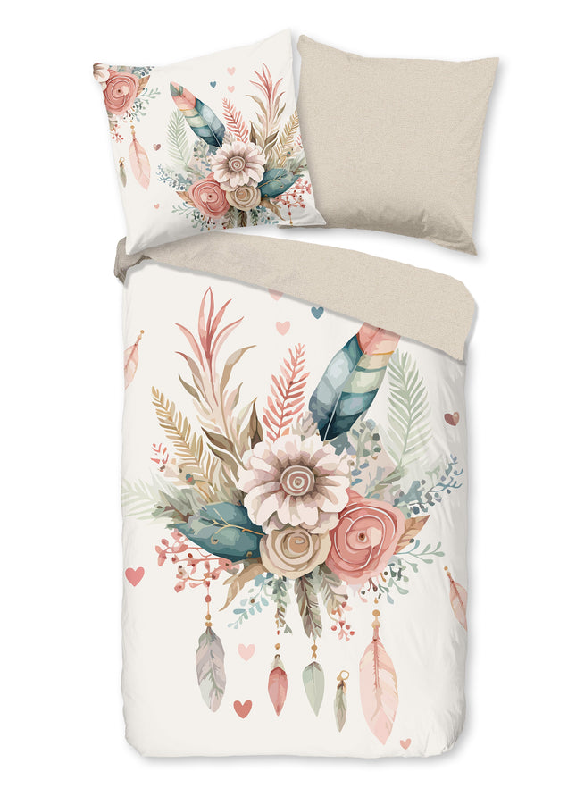 Cheqo® Dekbedovertrek 155x220 cm - Bloemen en Veren Print - Ecru - 1 Persoons - 100% Katoen - Oeko-Tex Gecertificeerd