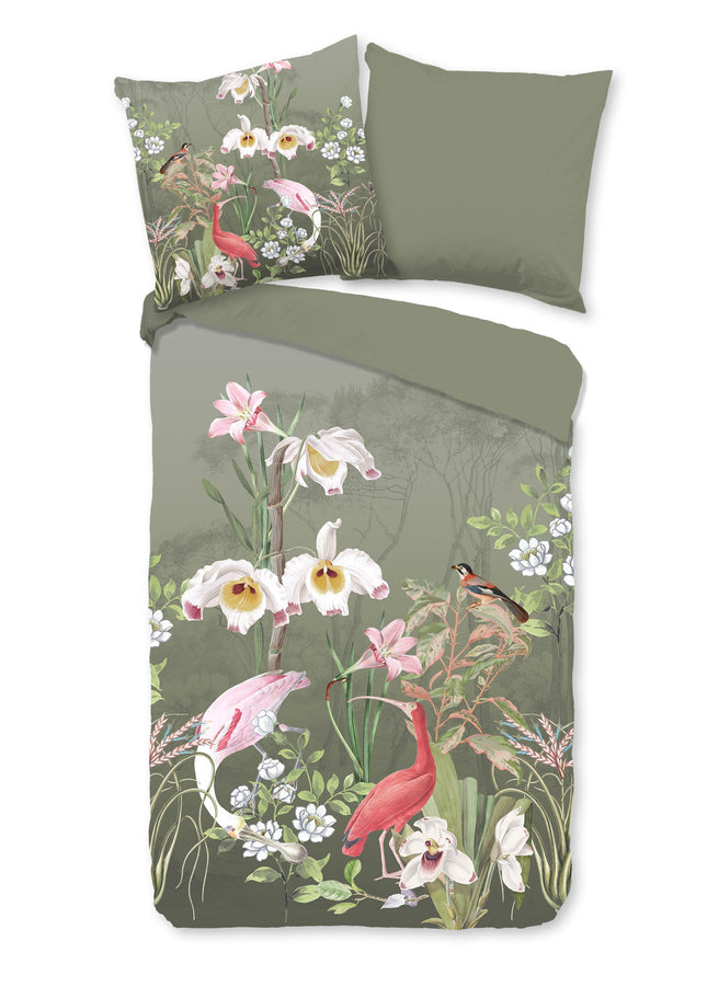 Cheqo® Dekbedovertrek 155x220 cm - Bloemen en Vogels Print - Groen - 1 Persoons - 100% Katoen - Oeko-Tex Gecertificeerd