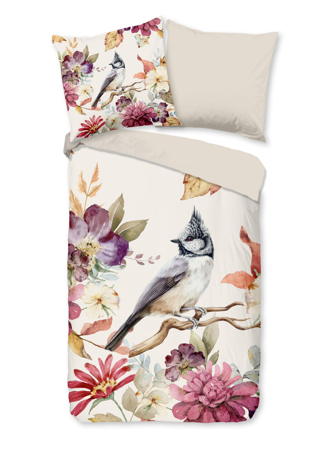 Cheqo® Dekbedovertrek 155x220 cm - Bloemen en Vogels Print - Multi - 1 Persoons - 100% Katoen - Oeko-Tex Gecertificeerd
