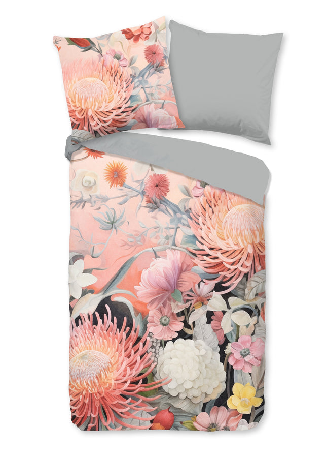 Cheqo® Dekbedovertrek 155x220 cm - Bloemenprint - Roze/Grijs - 1 Persoons - 100% Katoen - Oeko-Tex Gecertificeerd