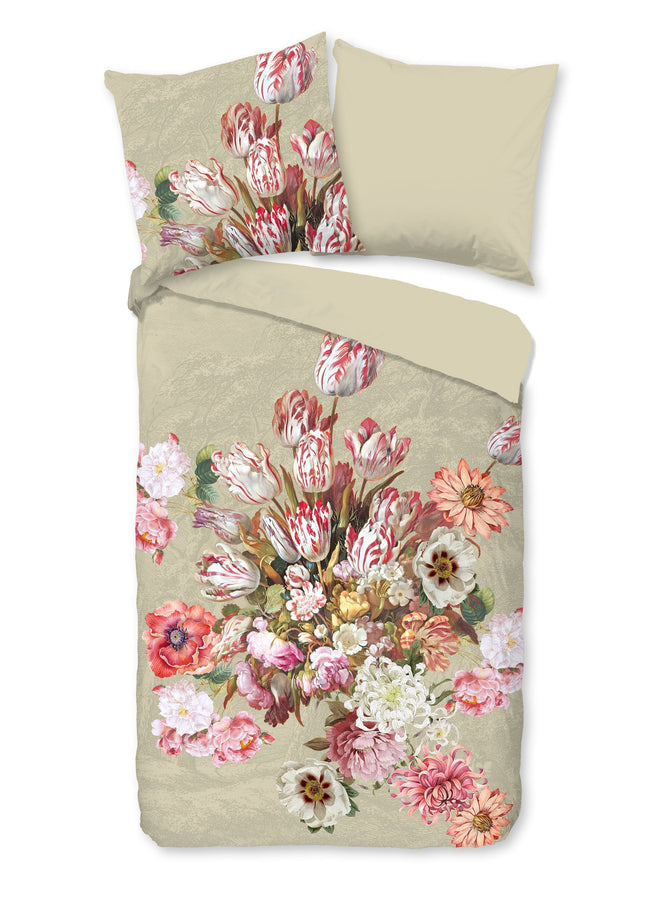 Cheqo® Dekbedovertrek 155x220 cm - Bloemenprint - Zand - 1 Persoons - 100% Katoen - Oeko-Tex Gecertificeerd