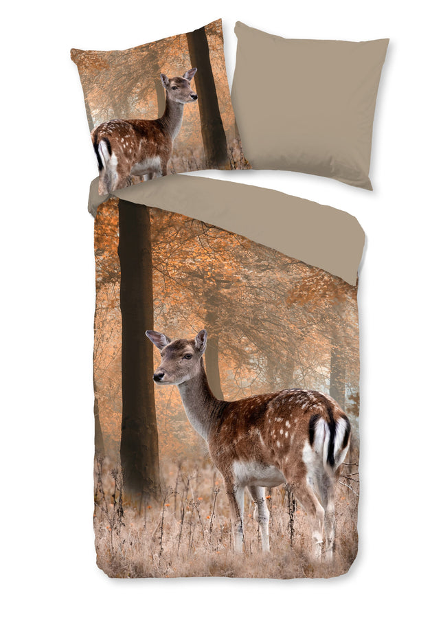Cheqo® Dekbedovertrek 155x220 cm - Hert in het Bos Print - Bruin - 1 Persoons - 100% Katoen - Oeko-Tex Gecertificeerd