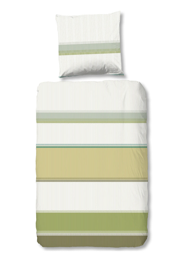 Cheqo® Dekbedovertrek 155x220 cm - Strepen Print - Groen/Beige - 1 Persoons - 100% Katoen - Oeko-Tex Gecertificeerd