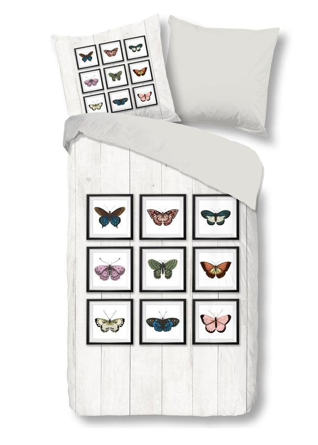 Cheqo® Dekbedovertrek 155x220 cm - Vlinders Print - Grijs - 1 Persoons - 100% Katoen - Oeko-Tex Gecertificeerd
