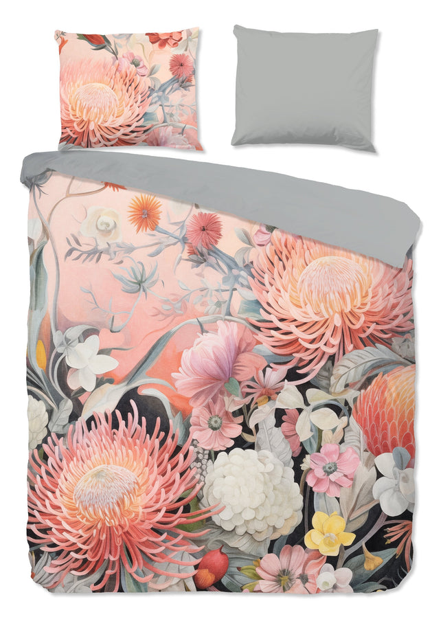Cheqo® Dekbedovertrek 200x200 cm - Bloemenprint - Roze/Grijs - 2 Persoons - 100% Katoen - Oeko-Tex Gecertificeerd