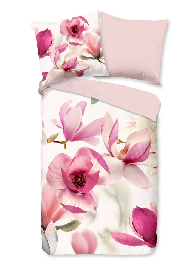 Cheqo® Dekbedovertrek 200x200 cm - Magnolia Bloemen Print - Roze/Wit - 2 Persoons - 100% Katoen