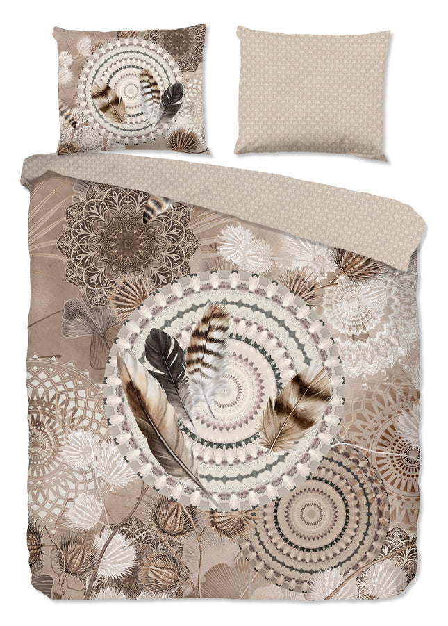 Cheqo® Dekbedovertrek 200x200 cm - Mandala en Veren Print - Taupe - 2 Persoons