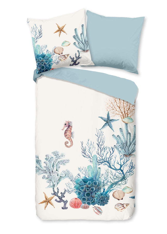 Cheqo® Dekbedovertrek 200x200 cm - Maritiem Ontwerp met Zeepaardjes en Koraal - Wit/Blauw - 2 Persoons - 100% Katoen - Oeko-Tex Gecertificeerd