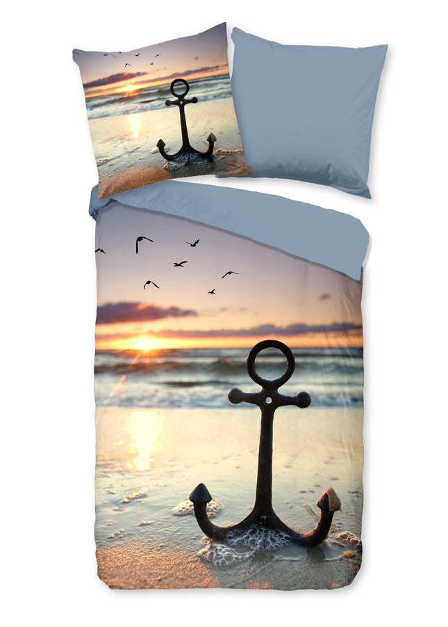 Cheqo® Dekbedovertrek 200x200 cm - Strand en Zee Print met Anker - Multi - 2 Persoons - 100% Katoen - Oeko-Tex Gecertificeerd