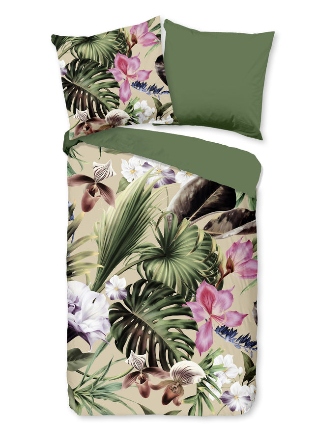 Cheqo® Dekbedovertrek 200x200 cm - Tropische Bladeren en Bloemen Print - Groen/Beige - 2 Persoons - 100% Katoen - Oeko-Tex Gecertificeerd