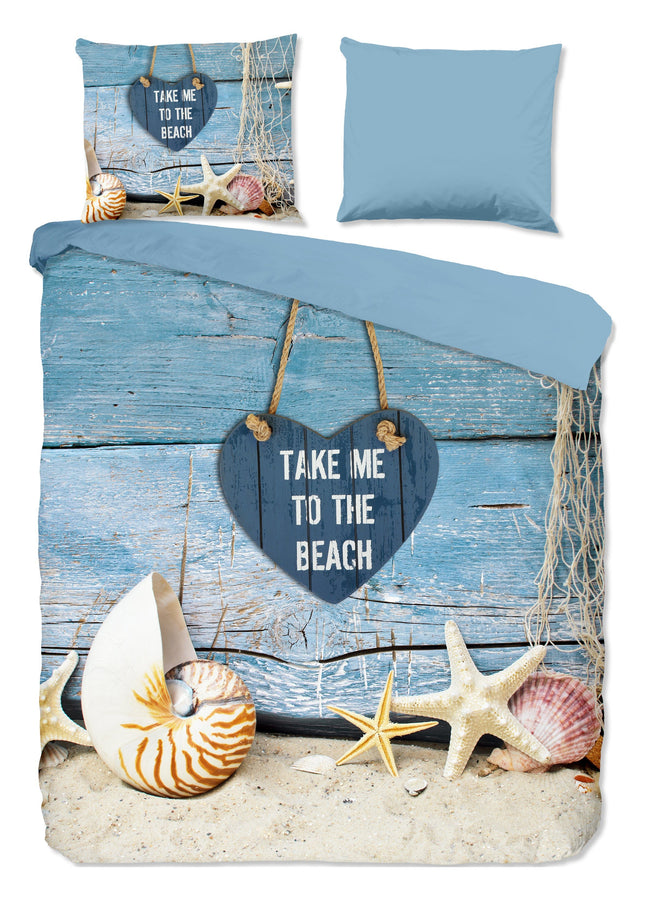 Cheqo® Dekbedovertrek 200x220 cm - Strand en Zee Print - Blauw/Beige - 2 Persoons - Microfiber
