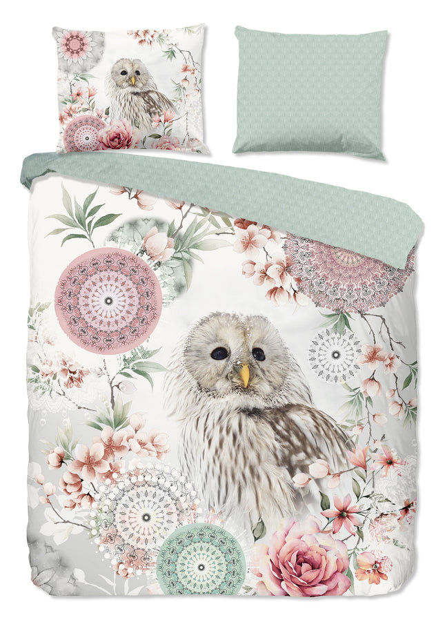 Cheqo® Dekbedovertrek 200x220 cm - Uil en Bloemen Print - Wit/Roze - 2 Persoons - 100% Katoen-Flanel