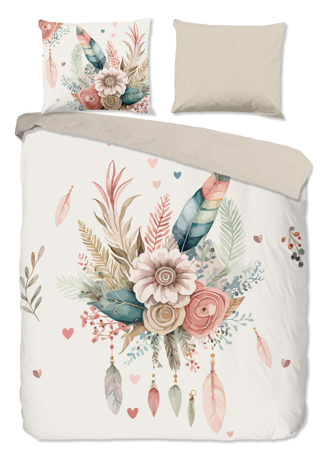 Cheqo® Dekbedovertrek 240x220 cm - Bloemen en Veren Print - Ecru - 2 Persoons - 100% Katoen - Oeko-Tex Gecertificeerd