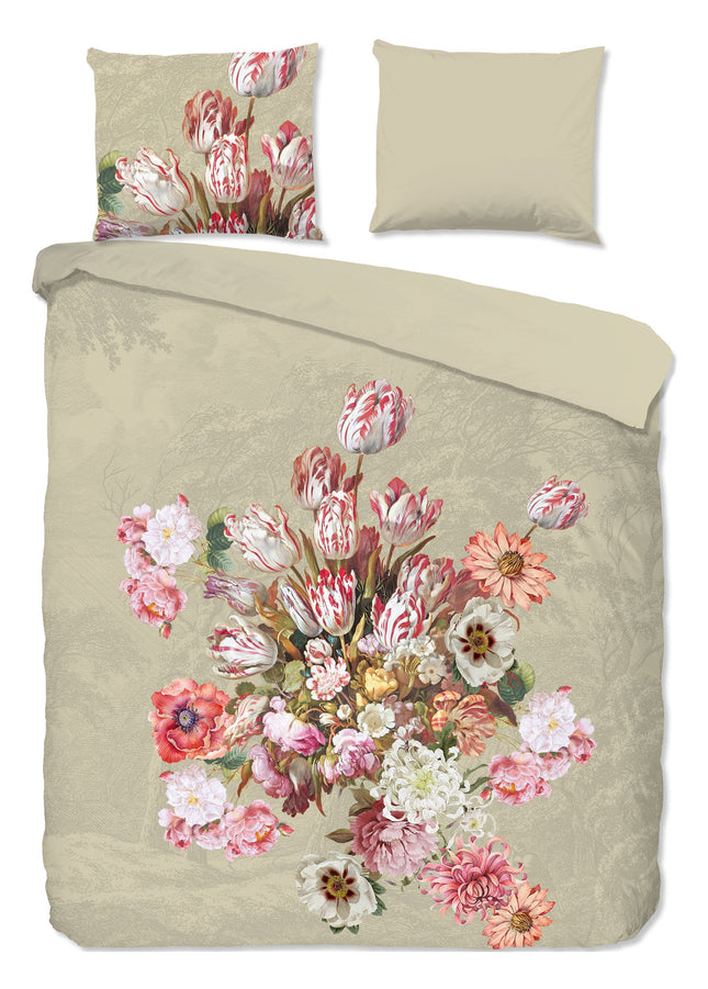 Cheqo® Dekbedovertrek 240x220 cm - Bloemenprint - Zand - 2 Persoons - 100% Katoen - Oeko-Tex Gecertificeerd