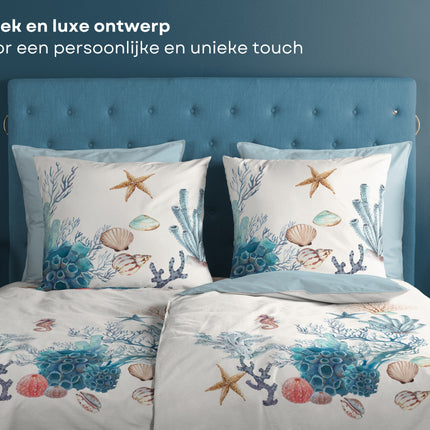 Cheqo® Dekbedovertrek voor Kinderen - 135x200 cm - Maritiem Zeeleven Print - Wit/Blauw - 1 Persoons - 100% Katoen