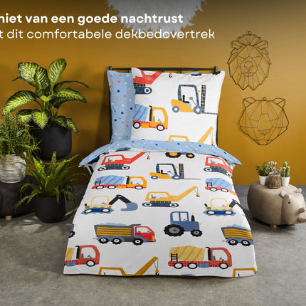 Cheqo® Kinderdekbedovertrek 135x200 cm - Voertuigen Print - Multi - 1 Persoons - 100% Katoen - Oeko-Tex Gecertificeerd