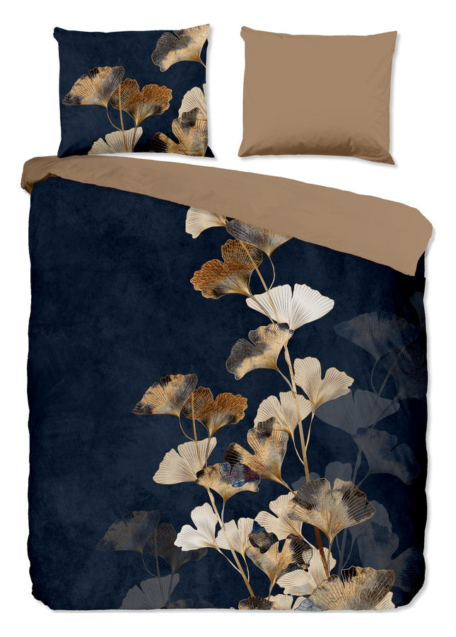 Cheqo® Luxe Dekbedovertrek 240x220 cm - Ginkgo Bladeren Print - Donkerblauw/Goud - 2 Persoons - 100% Katoen - Oeko-Tex Gecertificeerd