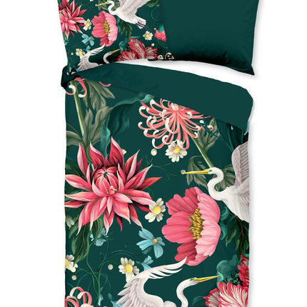 Cheqo® Luxe Microfiber Dekbedovertrek 135x200 cm - Bloemen en Kraanvogels Print - Multi - 1 Persoons - Oeko-Tex Gecertificeerd