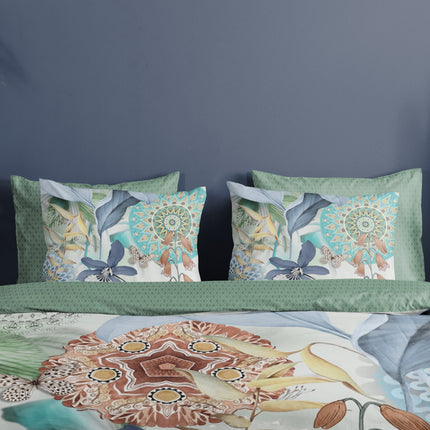 Cheqo® Luxe Satijnen Dekbedovertrek 140x200/220 cm - Mandala's en Bladeren Print - Multi - 1 Persoons - 100% Katoen-Satijn