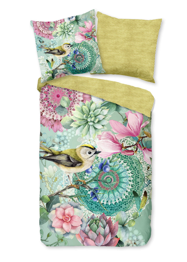 Cheqo® Luxe Satijnen Dekbedovertrek 155x220 cm - Mandala's, Bloemen en Vogels Print - Groen - 1 Persoons - 100% Katoen-Satijn