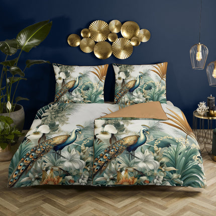 Cheqo® Luxe Satijnen Dekbedovertrek 155x220 cm - Pauwen en Bladeren Print - Multi - 1 Persoons - 100% Katoen-Satijn