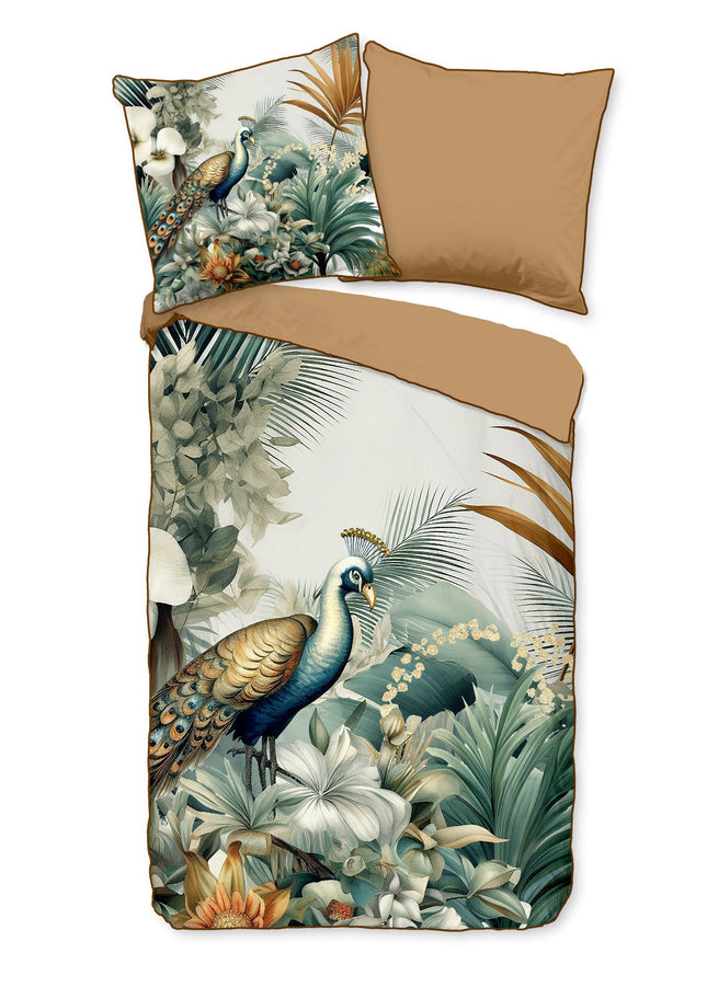 Cheqo® Luxe Satijnen Dekbedovertrek 155x220 cm - Pauwen en Bladeren Print - Multi - 1 Persoons - 100% Katoen-Satijn