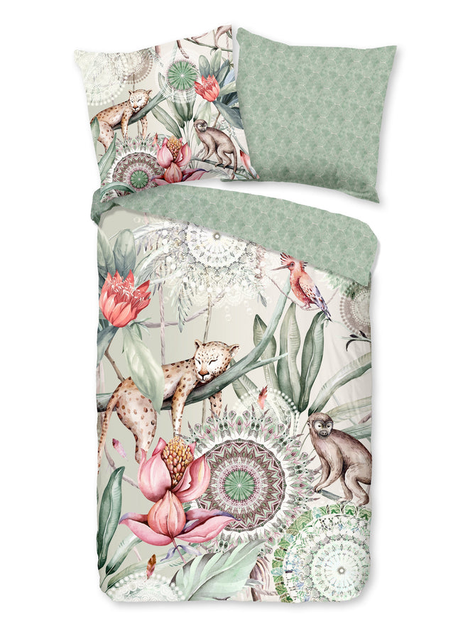 Cheqo® Luxe Satijnen Dekbedovertrek 155x220 cm - Tropische Print met Dieren en Mandala's - Multi - 1 Persoons - 100% Katoen-Satijn