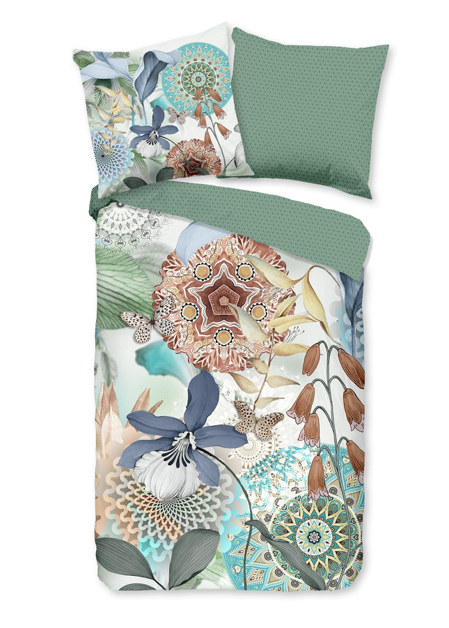 Cheqo® Luxe Satijnen Dekbedovertrek 200x200 cm - Mandala's en Bladeren Print - Multi - 2 Persoons - 100% Katoen-Satijn