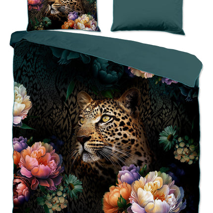 Cheqo® Luxe Satijnen Dekbedovertrek 200x220 cm - Bloemen en Luipaard Print - Multi - 2 Persoons - 100% Katoen-Satijn