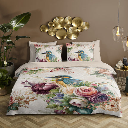 Cheqo® Luxe Satijnen Dekbedovertrek 200x220 cm - Bloemen en Vogels Print - Zand - 2 Persoons - 100% Katoen-Satijn