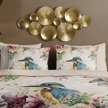 Cheqo® Luxe Satijnen Dekbedovertrek 200x220 cm - Bloemen en Vogels Print - Zand - 2 Persoons - 100% Katoen-Satijn