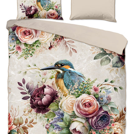 Cheqo® Luxe Satijnen Dekbedovertrek 200x220 cm - Bloemen en Vogels Print - Zand - 2 Persoons - 100% Katoen-Satijn