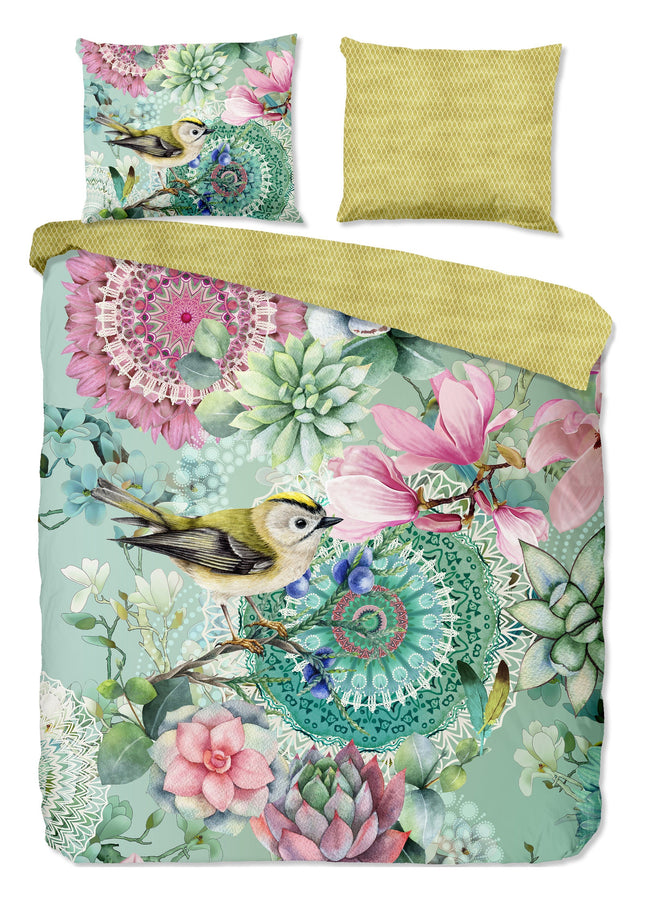 Cheqo® Luxe Satijnen Dekbedovertrek 200x220 cm - Mandala's, Bloemen en Vogels Print - Groen - 2 Persoons - 100% Katoen-Satijn