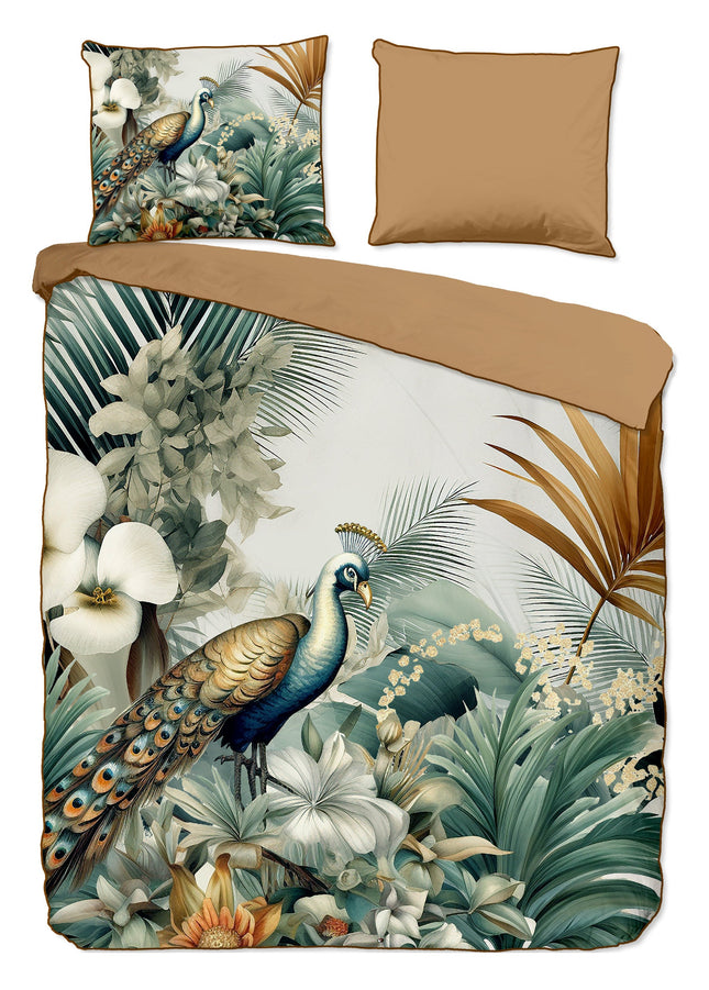 Cheqo® Luxe Satijnen Dekbedovertrek 200x220 cm - Pauw en Bladeren Print - Multi - 2 Persoons - 100% Katoen-Satijn